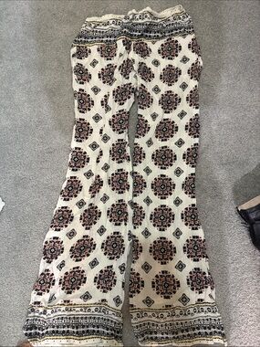 Mint Cream Printed Wide-Leg Jumpsuit Pants with Black & Rust Medallions